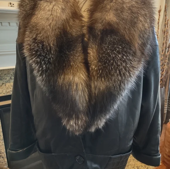Vera Pelle Black Genuine Black Leather 3/4 Coat Fur Trim Made In Italy L - XL 14 - Picture 6 of 13